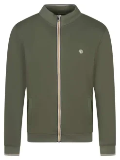 Sweat zippé en coton mélangé kaki uni à col montant avec le logo