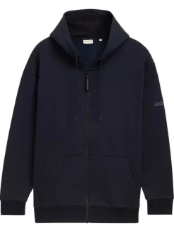 Sweat zippé en coton mélangé marine uni avec un col à capuche