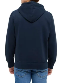 Sweat zippé en coton mélangé marine uni avec une coupe droite et une capuche