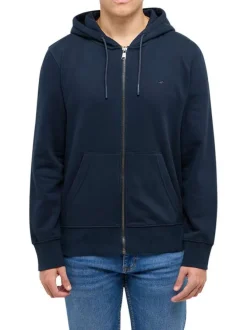 Sweat zippé en coton mélangé marine uni avec une coupe droite et une capuche