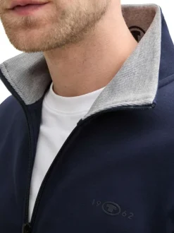 Sweat zippé en coton mélangé marine uni à coupe droite avec col montant