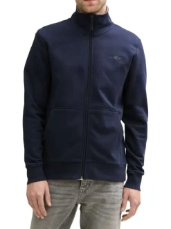 Sweat zippé en coton mélangé marine uni à coupe droite avec col montant