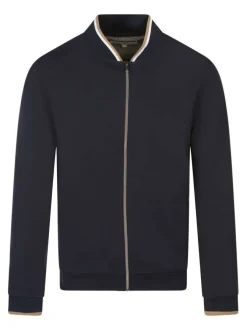 Sweat zippé en coton mélangé marine uni droite à col montant et poches zippées