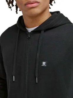 Sweat zippé en coton mélangé noir uni avec une coupe droite et une capuche