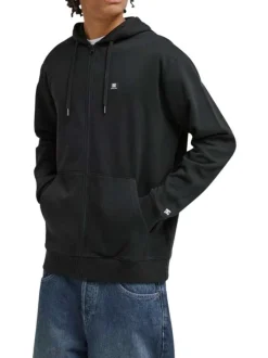Sweat zippé en coton mélangé noir uni avec une coupe droite et une capuche
