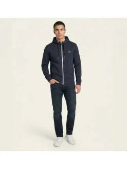 Sweat zippé en coton mélangé nuit uni avec une coupe droite et une capuche
