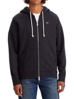 Sweat zippé en coton noir uni à coupe droite avec logo rouge et col à capuche