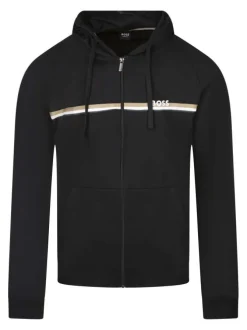Sweat zippé en coton noir uni pourvu d'une coupe droite et d'une capuche