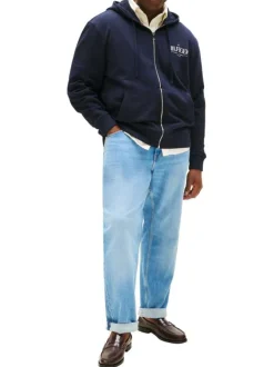 Sweat zippé grande taille en coton marine uni coupe ajustée et un col à capuche
