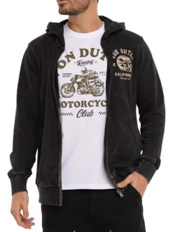 Sweat zippé gris foncé uni avec une coupe droite et un col à capuche