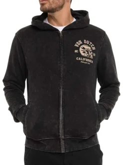 Sweat zippé gris foncé uni avec une coupe droite et un col à capuche