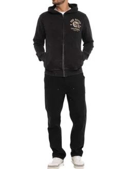 Sweat zippé gris foncé uni avec une coupe droite et un col à capuche