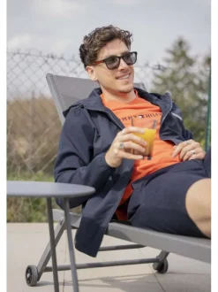 Sweat zippé marine uni avec une coupe droite et une capuche ajustable