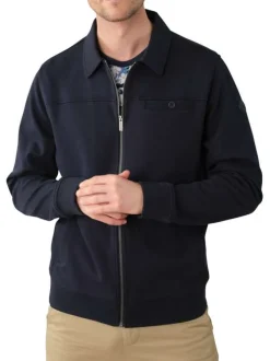 Sweat zippé marine uni avec une coupe droite un col polo et 3 poches