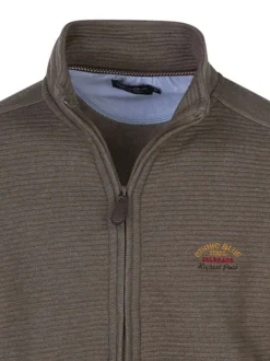 Sweat zippé taupe uni coupe ajustée col montant avec un logo brodé