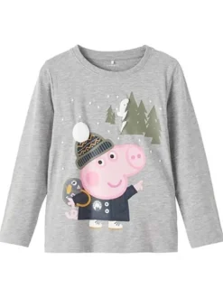 Tee-shirt gris uni avec une coupe droite un col rond et des manches longues