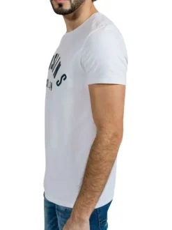 Tee-shirt en coton blanc uni avec nom de la marque inscrit en relief
