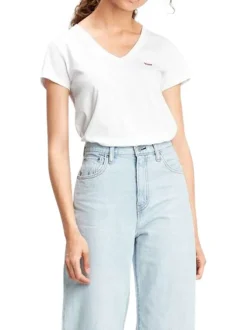 Tee-shirt en coton blanc uni avec une coupe droite et un col v