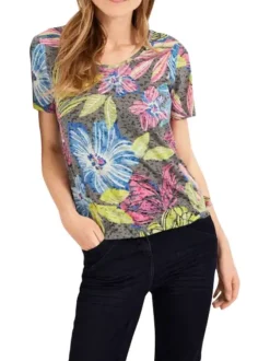 Tee-shirt kaki imprimé fleuri avec brides croisées dans le dos