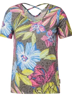 Tee-shirt kaki imprimé fleuri avec brides croisées dans le dos