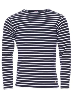 Tee-shirt manches longues Houat en coton bleu marine rayé blanc présentant une encolure bateau