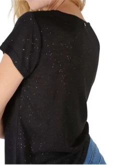 Tee-shirt noir chiné à manches courtes avec des paillettes argentées cousues
