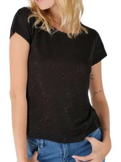 Tee-shirt noir chiné à manches courtes avec des paillettes argentées cousues