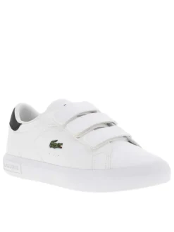 Tennis blanches à talon noir avec le logo brodé et à bandes auto-agrippantes