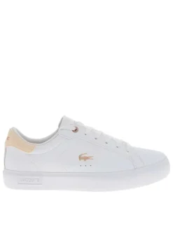 Tennis blanches à talon plat avec des lacets et un logo rose