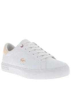 Tennis blanches à talon plat avec des lacets et un logo rose