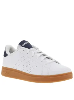 Tennis blanches et bleues à semelle camel avec lacets plats et bandes perforées