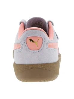 Tennis mauves en cuir à semelle marron avec logo rose et or et lacets plats