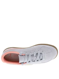 Tennis mauves en cuir à semelle marron avec logo rose et or et lacets plats