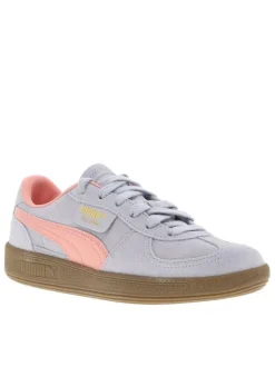 Tennis mauves en cuir à semelle marron avec logo rose et or et lacets plats