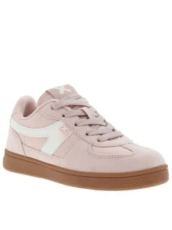 Tennis roses à semelle marron avec lacets plats tressés et talon plat