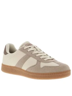 Tennis beiges avec des empiècements marrons à talon plat et à lacets plats