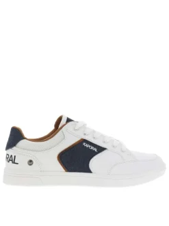 Tennis blanches avec des détails bleus denim à semelle plate et à lacets plats