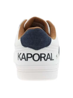 Tennis blanches avec des détails bleus denim à semelle plate et à lacets plats