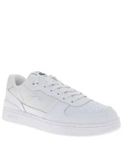Tennis blanches en cuir à talon plat avec des lacets et marque imprimée en vert