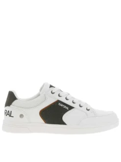 Tennis blanches et kakis à semelle plate blanche et à lacets plats