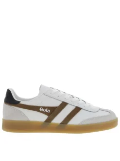 Tennis blanches et marron en cuir avec un talon plat et des lacets
