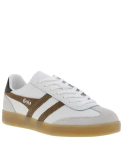 Tennis blanches et marron en cuir avec un talon plat et des lacets