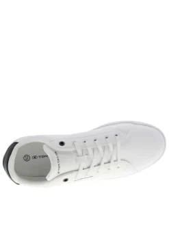 Tennis blanches à talon plat avec un logo embossé sur la languette