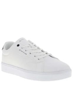 Tennis blanches à talon plat avec un logo embossé sur la languette