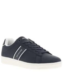 Tennis bleues marine avec le nom de la marque à semelle plate et à lacets plats