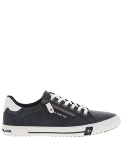 Tennis bleues marine avec un zip tricolore à lacets plats blancs