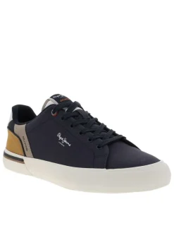 Tennis bleu marine avec un talon plat et des lacets tressés