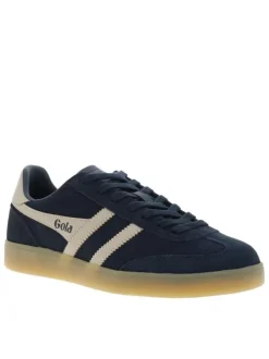 Tennis bleu marine en cuir nubuck avec un talon plat et des lacets