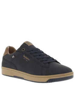 Tennis bleu marine à talon plat avec des lacets et nom de la marque en relief