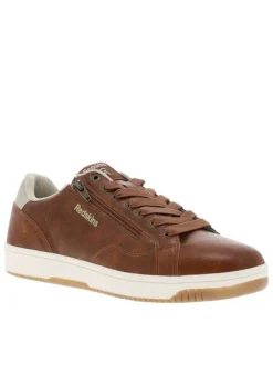Tennis cognac à semelle plate avec une fermeture à lacets et un zip latéral